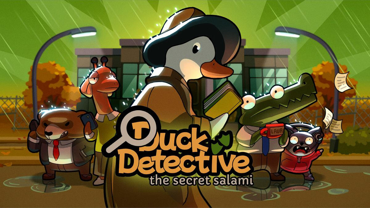 Duck Detective, a trench-coated duck detective inspecting evidence