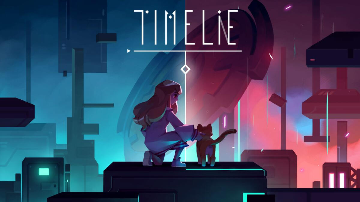 Timelie, a girl and a cat sneaking through a surreal white facility